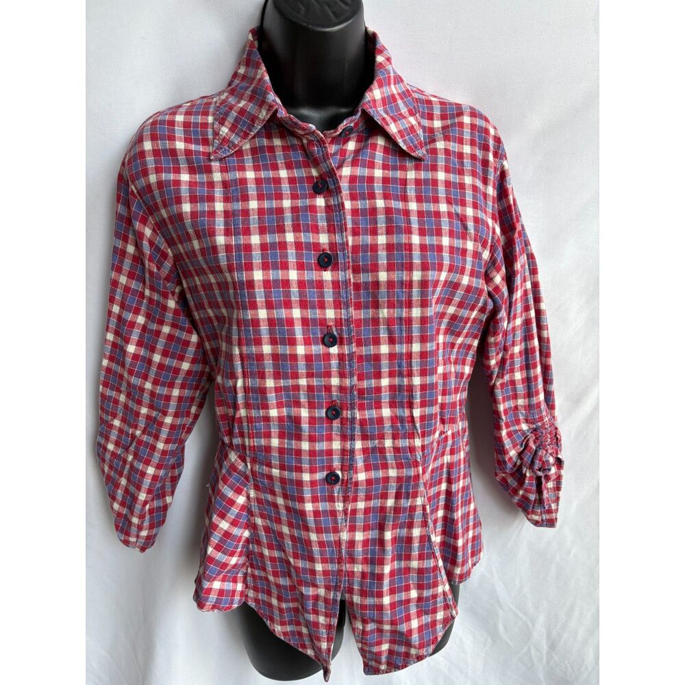 Anthropologie Red Flannel Button Down Blouse Shirt Back Detail Size S Cowgirl